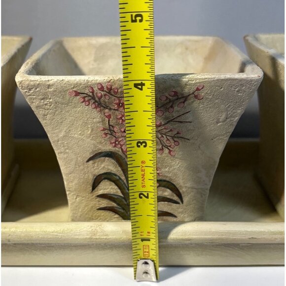 Ceramic Planter Set 4 Piece Set With Tray Featuring Floral Designs 13.5" Long - Picture 11 of 11